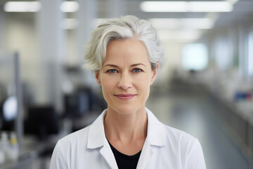 Wall Mural - Generative ai image of an experienced woman nurse doctor in hospital on blurred background