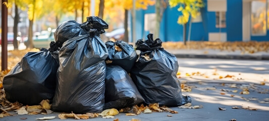 Overflowing garbage in parks for recycling, in autumn, social problems, Piling trash in the street, garbage crisis, Road and footpaths full of garbage Dirty street pollution trash