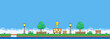 8bit colorful simple vector pixel art horizontal illustration of cartoon park with bench, trees, lanterns and quest bulletin board in retro video game platformer level style