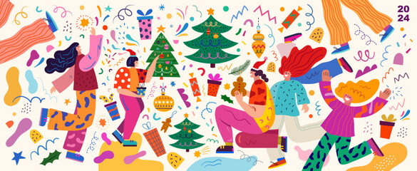 Wall Mural - new year holiday decorative banner. people celebrate the new year