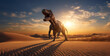 a t rex running towards the sun into the sand desert.Generative Ai content
