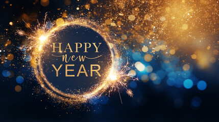 Aufkleber - Happy new year banner background greeting card with text - Circle frame made of glowing glitter sparkling sparklers firework, isolated on texture with gold blue glitter bokeh particles