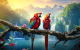 two parrots sitting on a branch