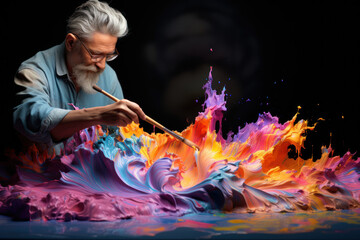 Poster - An artist captured mid-stroke, the pastel palette mirroring the creativity flowing from the paintbrush. Concept of artistic expression and the beauty of creation. Generative Ai.