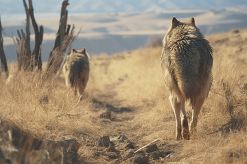 Wall Mural - A series of images illustrating the pack hunting strategy of coyotes, demonstrating the cooperative efforts involved in securing prey in open landscapes.