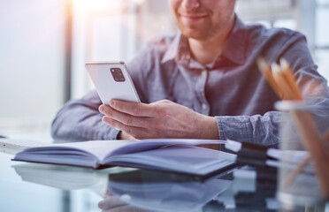 business man ceo wearing sitting in office using cell phone solutions.