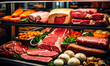 Assorted fresh meats displayed in a butcher shop, including beef, pork, sausages, and cold cuts, perfectly arranged in a showcase fridge