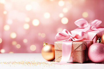Wall Mural - Merry Christmas background with pink festive gift boxes and Christmas balls. Holiday Christmas and New Year composition with copy space.