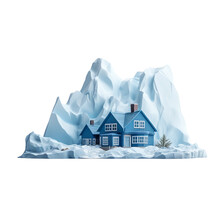 A Toy House On A Glacier With A Blue Roo Isolated On Transparent Background