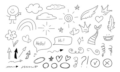 Wall Mural - Collection of hand drawn doodle drawings in childish style. Doodle arrows, clouds, hearts, stars, crown and shapes. Vector illustration