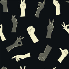 Wall Mural - Seamless pattern of human hands with different gestures. Light and dark hand silhouettes on a black background. Vector illustration