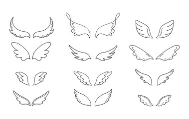 Collection of hand drawn wings in different shapes. Doodle wings collection. Vector illustration