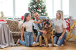 smiling family and daughter with dog sitting near christmas tree with gifts