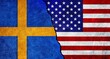 USA and Sweden flag together on a textured wall. Relations between Sweden and United States of America