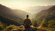 © MalamboBot/Peopleimages - AI - Meditation, landscape and man sitting on mountain top for mindfulness and relax spirituality. Peaceful, stress free and focus in nature with view, for mental health, zen and meditating lotus practise