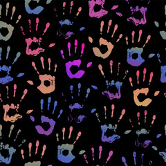 Sticker - Seamless vector pattern of multi-colored handprints on a black background