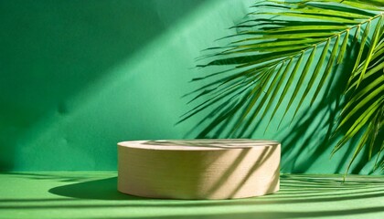 Wall Mural - minimal abstract background for the presentation of a cosmetic product empty premium podium with a shadow of tropical palm leaves on a green background showcase display case