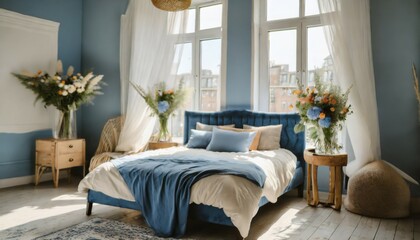 Canvas Print - cozy light blue bedroom with flowers and candles pillows duvet and duvet case on a bed blue bed linen on a blue sofa bedroom with bed and bedding blurred view of light bedroom with big window ai