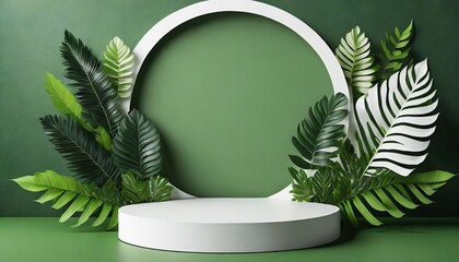 Wall Mural - white round shape stage backdrop with tree leaf tropical nature decorating frame on green background advertisment template mock up design ai generate