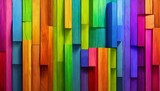 Fototapeta  - abstract geometric rainbow colors colored 3d wooden square cubes texture wall background banner illustration panorama long textured wood wallpaper generative ai