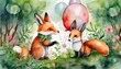 fox and bunny with balloon in the background watercolor greenery can be used as invitation card for wedding birthday and other holiday and summer background