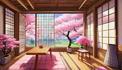 Sticker - japanese traditional interior sakura in spring 2d anime background illustration