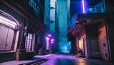 Fototapeta Londyn - dark street in cyberpunk city at night buildings with neon lights