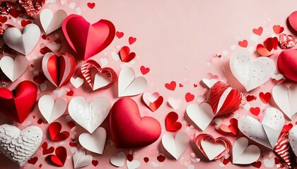 Wall Mural - valentine day background of many different paper hearts on pink soft background copy space