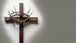 symbolic wooden cross with thorns crown on white background representing lent easter holy week passion with space for text