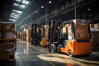 © Sebastian - Forklifts navigating through a bustling warehouse, strategically organizing and transporting raw materials and finished goods. Concept of warehouse logistics. Generative Ai.