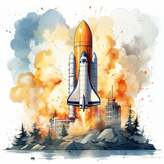 watercolor surreal rocket in deep space clipart, generative ai