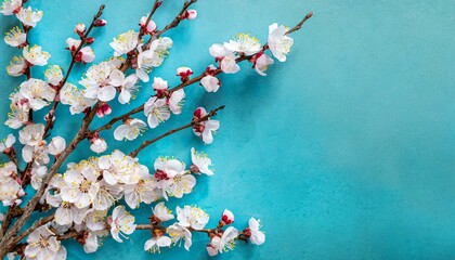 Wall Mural - panoramic shot of flowering apricot branches on a blue background with copy space spring time concept