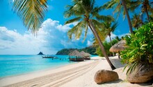 Beautiful Tropical Beach At Exotic Island With Palm Trees