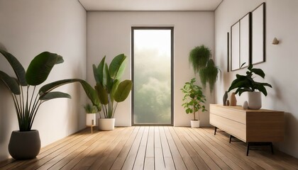 Canvas Print - minimalist empty room with white wall and wooden floor and indoor green plants 3d rendering