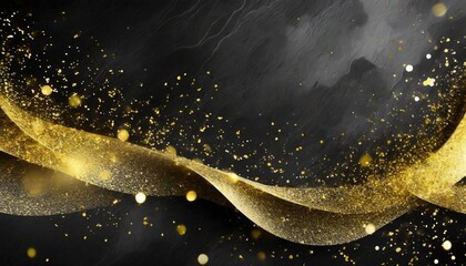 dark grey black abstract background with golden particles wavy curve lines design smoky festive backdrop magical christmas elegant blank banner luxury premium glowing bg deluxe exclusive sale 2024