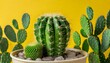 green cactus plant in a pot on a yellow background
