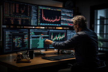 Wall Mural - A focused analyst studying complex financial charts, deciphering trends and patterns to make informed investment recommendations. Concept of data-driven financial analysis. Generative Ai.