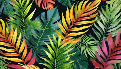 Wall Mural - tropical leaves in a bright coloured pattern on a dark background