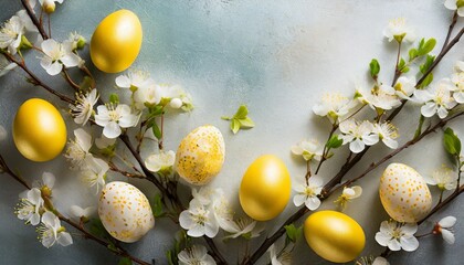 Wall Mural - easter background with flowering branches and yellow eggs