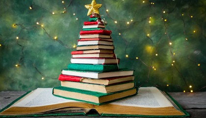 Wall Mural - a christmas tree made of books in colorful fabric covers christmas and new year education book publishing reading vintage style