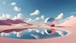3d render abstract panoramic background surreal scenery fantasy landscape of pink desert with lake and round mirror under the blue sky with white clouds modern minimal wallpaper