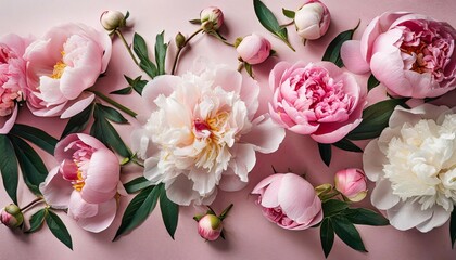 Canvas Print - many delicate tender pink big and small open and closed peony flowers and buds levitating on seamless pink surface top view generative ai image