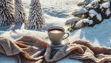 Wall Mural - cozy warm winter composition with cup of hot coffee or chocolate cozy blanket and snowy landscape on sunny winter day winter home decor christmas new years eve