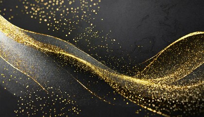 Wall Mural - dark grey black abstract background with golden particles wavy curve lines design smoky festive backdrop magical christmas elegant blank banner luxury premium glowing bg deluxe exclusive sale 2024