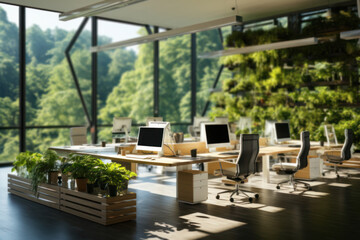 Poster - A green office with plants and natural light, emphasizing the importance of biophilic design for employee well-being and productivity. Concept of eco-friendly workplaces. Generative Ai.