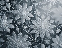 Floral Patterns And Snowflakes On Frozen Window Glass Surface. Pastel Texture Winter Background.
