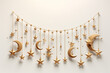 Ramadan Kareem greeting card with golden crescent moon and stars hanging on strings. 3D Rendering