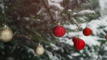 Wall Mural - 2024 Happy New Year Christmas tree decorates with red glass ball on branch snow outdoors for family winter holiday. Festival mood. Noel. High quality FullHD footage