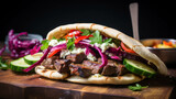 Fototapeta  - Delicious Berliner Kebab With Special Bread, Featuring Quality Grilled Lamb Slices, Served in a Soft Pita Bread, Quality Turkish Kebab with Vegetables. Original Kebab For Restaurant Fast Food 
