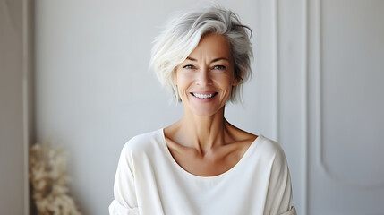 Wall Mural - Beautiful happy middle-aged woman with short gray hair looking at the camera